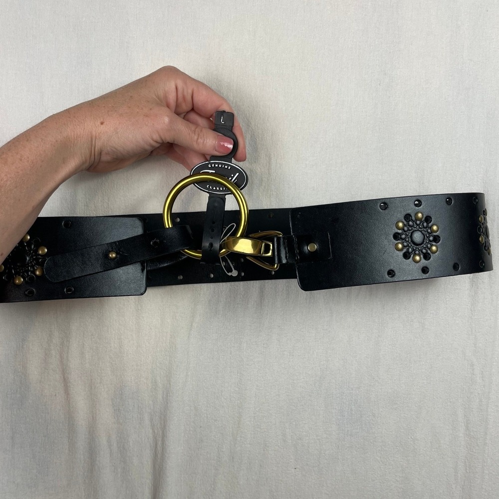 Fossilโ Black Leather Wide Waist Belt Floral Studded Gold Ring B101654 Small SM
